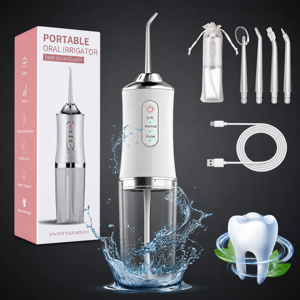 Portable Water Flosser for Teeth Cleaning – Cordless Oral Irrigator with 3 Modes, 4 Nozzles, USB Rechargeable, IPX7 Waterproof